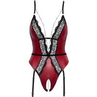 Body ouvert mit Strapsen, edler roter Mattlook mit schwarzer Spitze